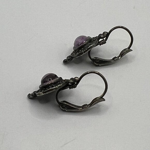 Vintage Pierced Earrings Silver Tone Marcasite Purple Glass‎ Stone - Picture 6 of 10